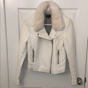 Removable Faux Fur White Leather Jacket